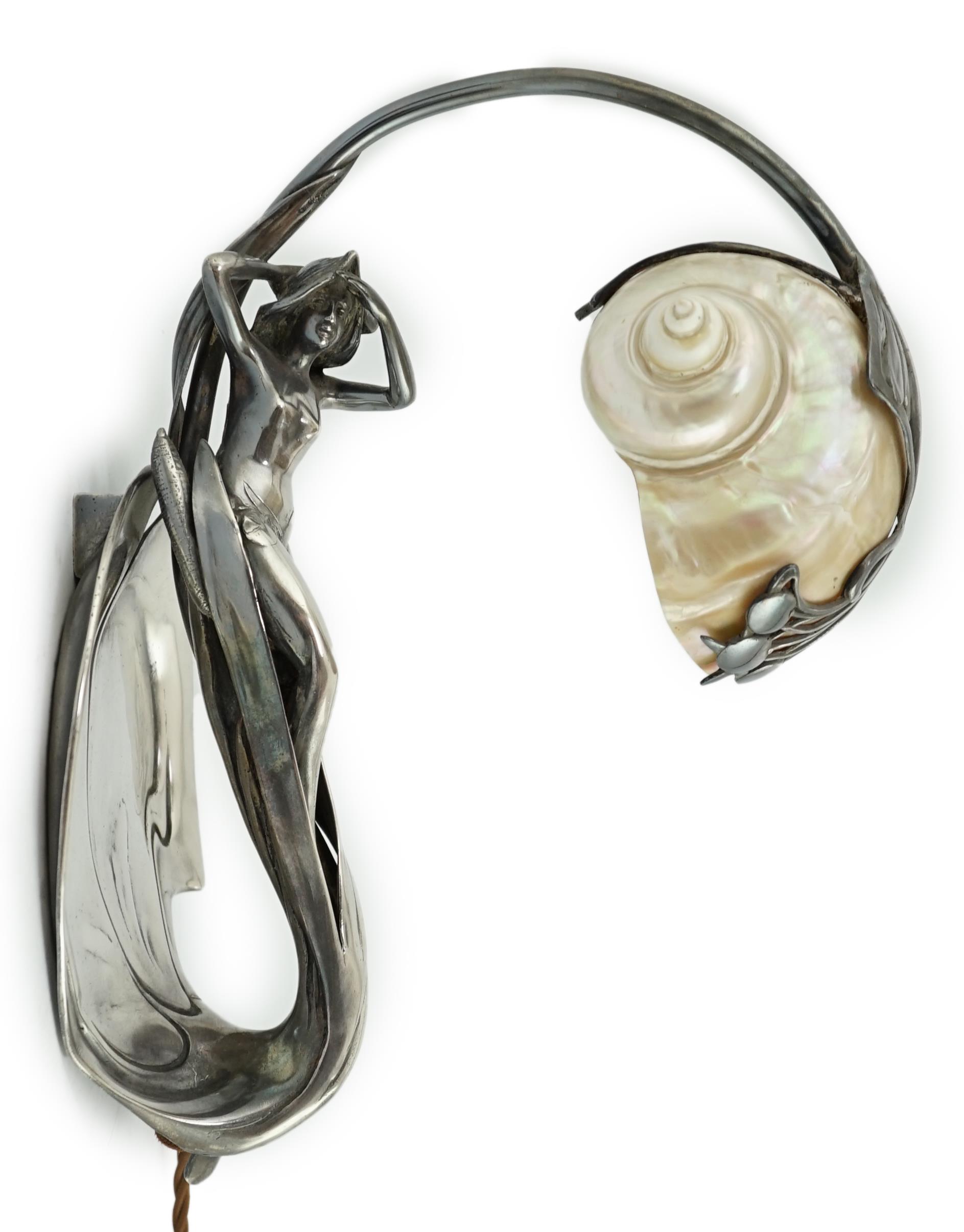 An Art Nouveau electroplate shell mounted figural wall light, by Moritz Hacker, c.1900